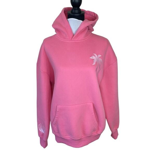 Pink Palm Puff Embroidered Hoodie Hawaiian Hibiscus Sonic Pink Size Medium - Picture 1 of 12